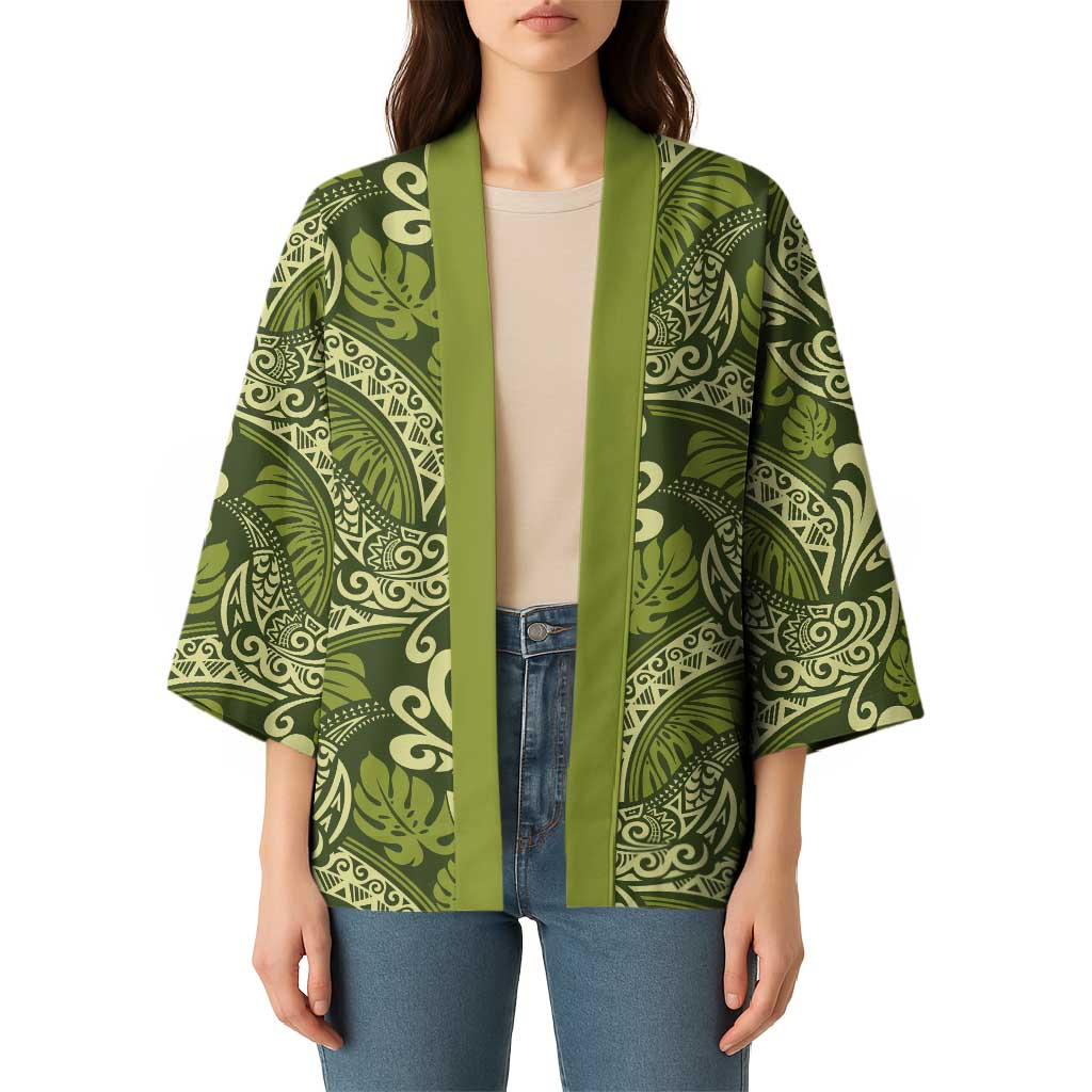 Olive Green Monstera Kimono Polynesian Tribal Pattern LT01 - Polynesian Pride