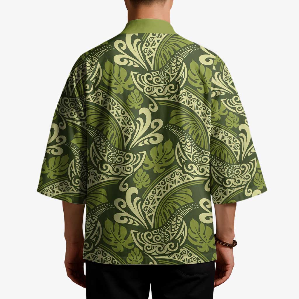 Olive Green Monstera Kimono Polynesian Tribal Pattern LT01 - Polynesian Pride
