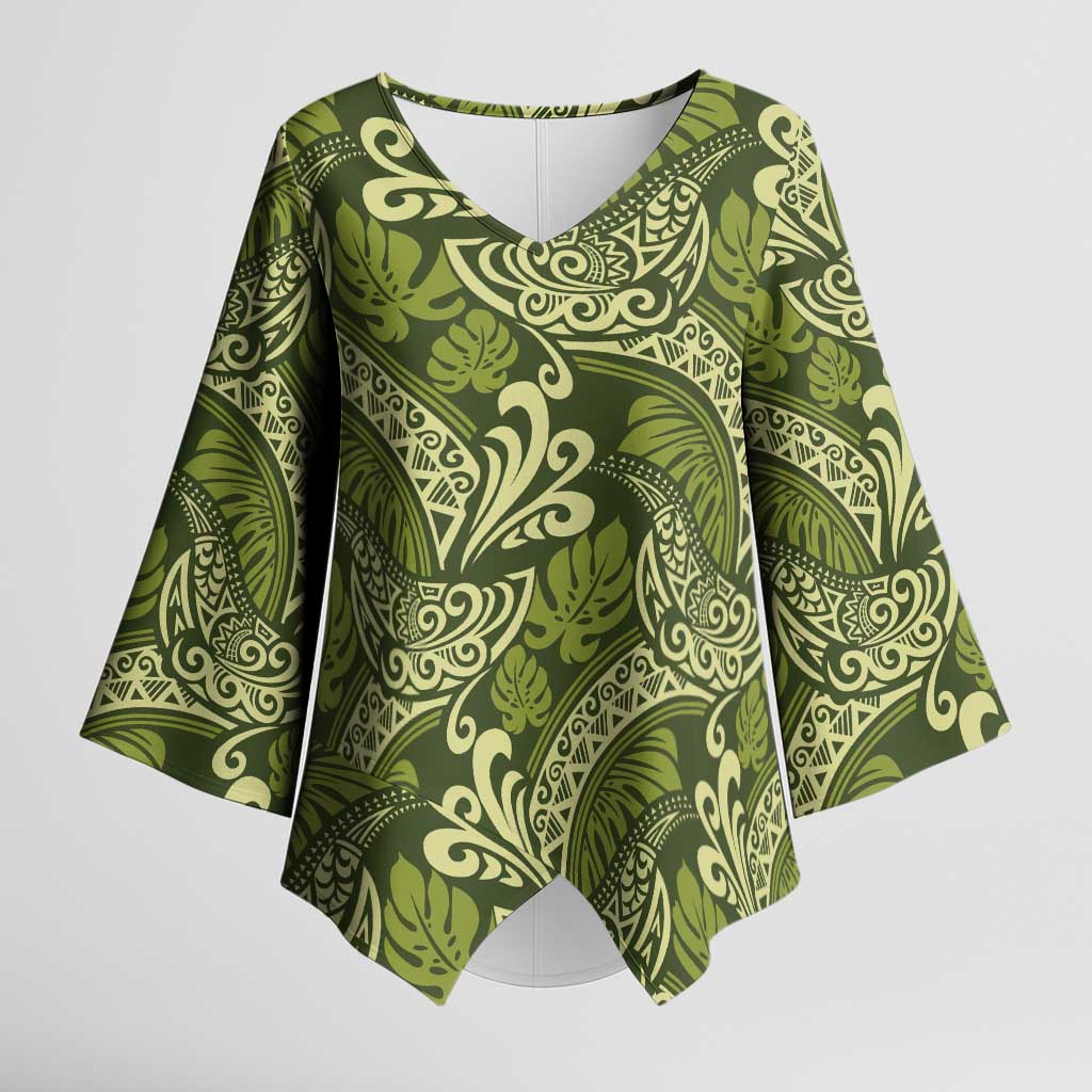 Olive Green Monstera Kimono Sleeve Blouse Polynesian Tribal Pattern LT01 Female Green - Polynesian Pride