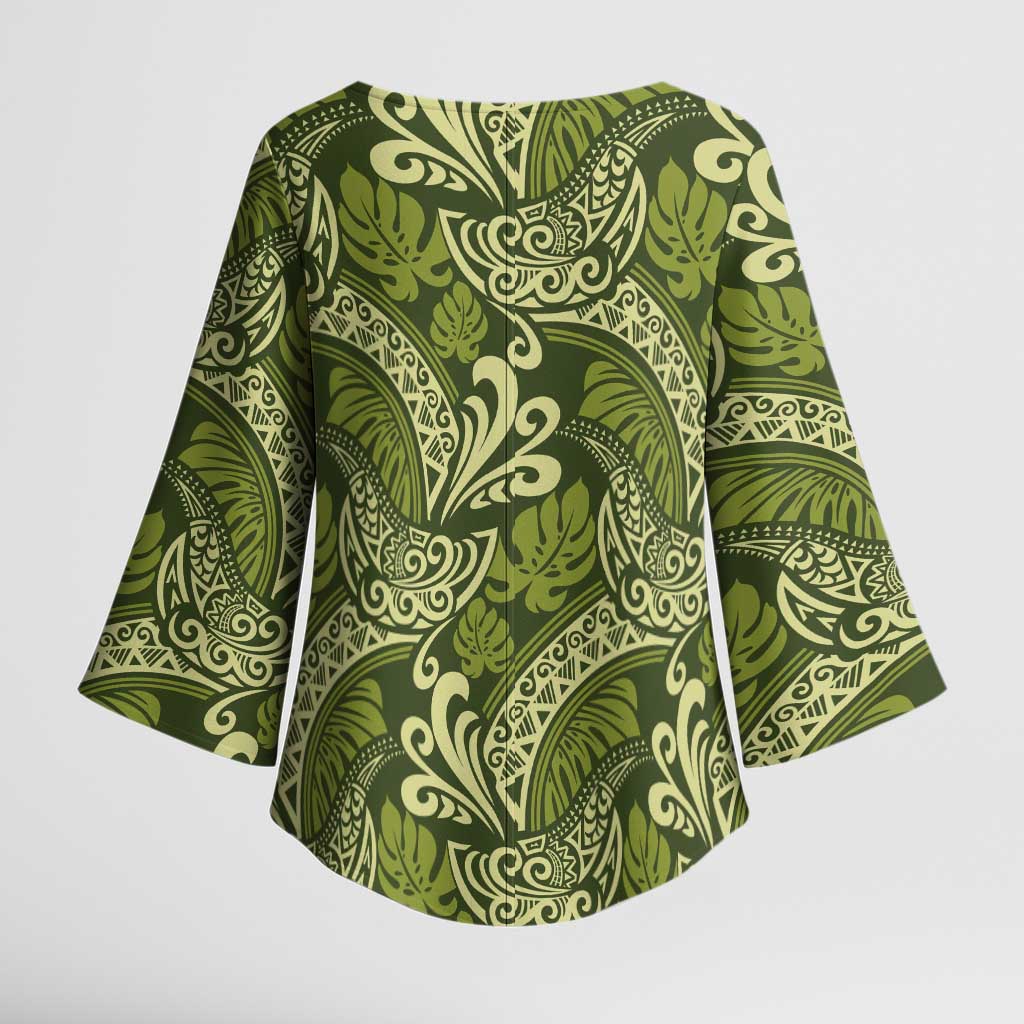 Olive Green Monstera Kimono Sleeve Blouse Polynesian Tribal Pattern LT01 - Polynesian Pride