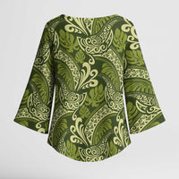 Olive Green Monstera Kimono Sleeve Blouse Polynesian Tribal Pattern LT01 - Polynesian Pride