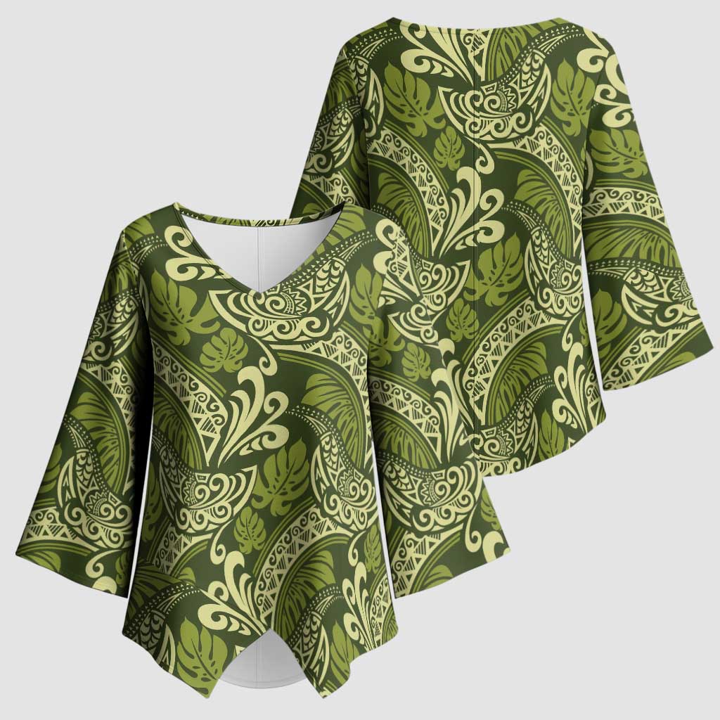 Olive Green Monstera Kimono Sleeve Blouse Polynesian Tribal Pattern LT01 - Polynesian Pride