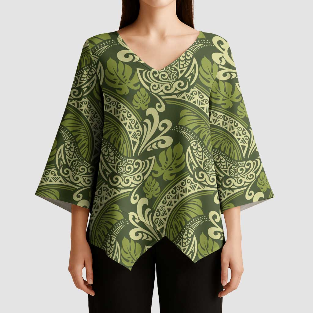 Olive Green Monstera Kimono Sleeve Blouse Polynesian Tribal Pattern LT01 - Polynesian Pride