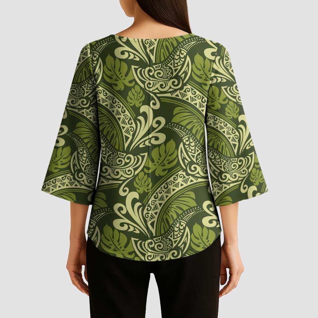 Olive Green Monstera Kimono Sleeve Blouse Polynesian Tribal Pattern LT01 - Polynesian Pride