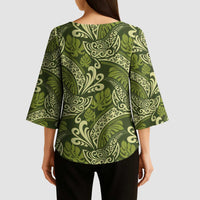 Olive Green Monstera Kimono Sleeve Blouse Polynesian Tribal Pattern LT01 - Polynesian Pride