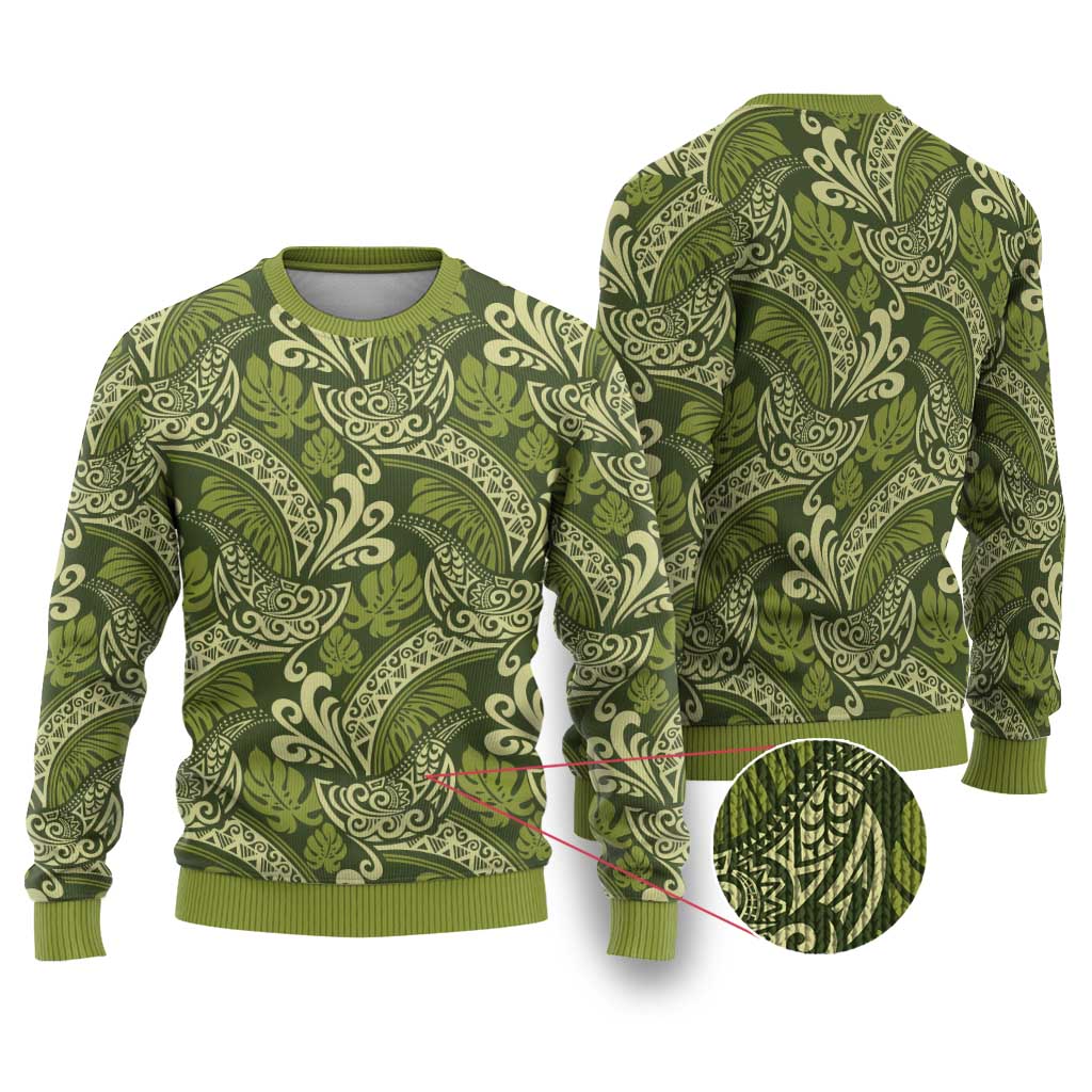 Olive Green Monstera Ugly Christmas Sweater Polynesian Tribal Pattern - Polynesian Pride