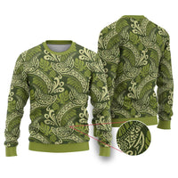 Olive Green Monstera Ugly Christmas Sweater Polynesian Tribal Pattern - Polynesian Pride