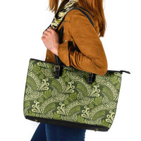 Olive Green Monstera Leather Tote Bag Polynesian Tribal Pattern - Polynesian Pride
