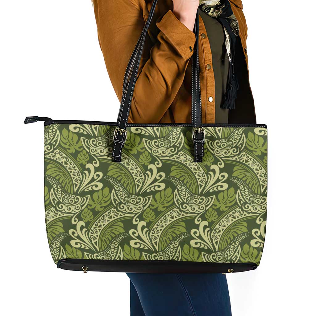 Olive Green Monstera Leather Tote Bag Polynesian Tribal Pattern - Polynesian Pride