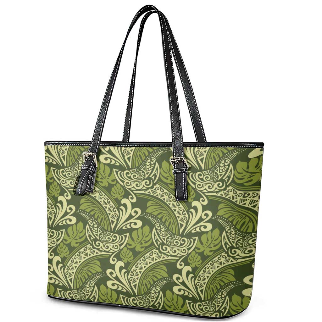 Olive Green Monstera Leather Tote Bag Polynesian Tribal Pattern - Polynesian Pride