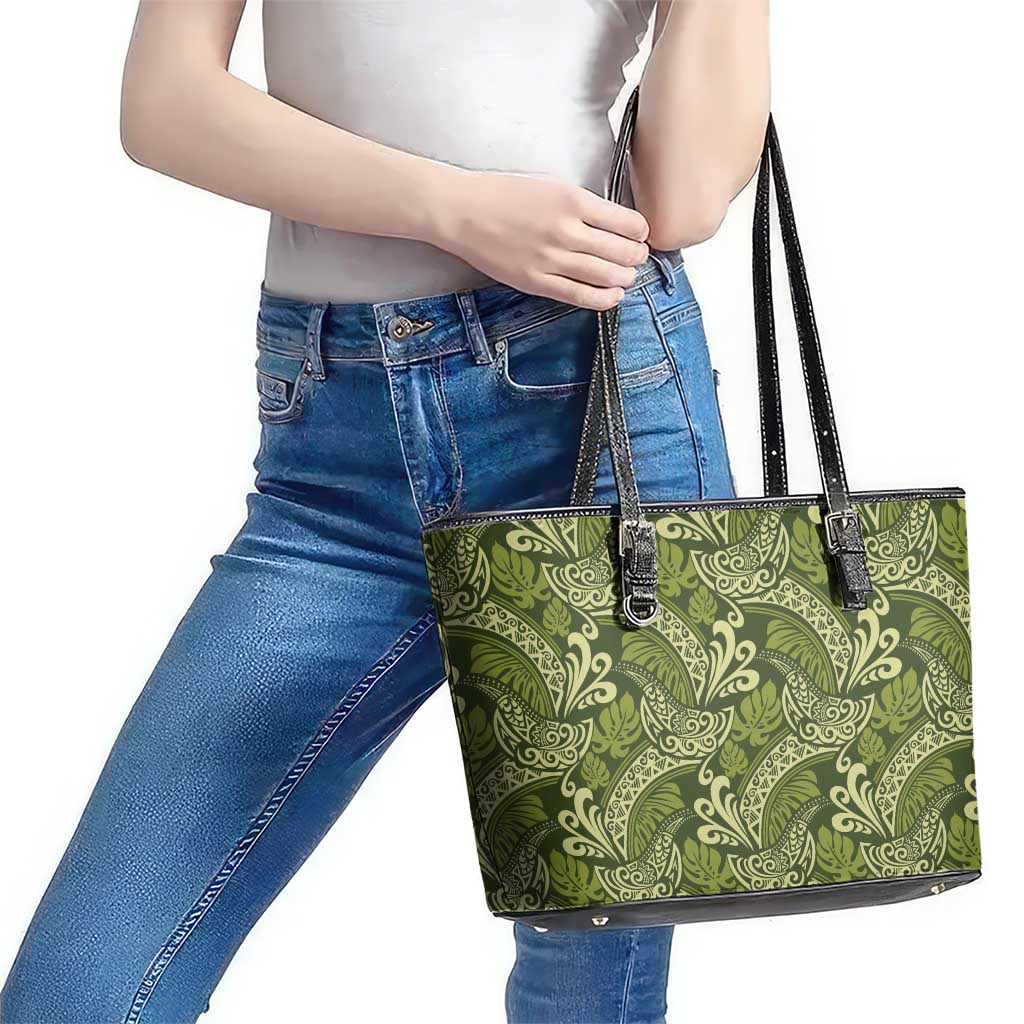 Olive Green Monstera Leather Tote Bag Polynesian Tribal Pattern - Polynesian Pride