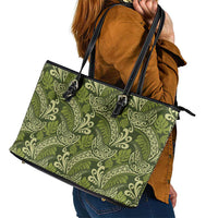Olive Green Monstera Leather Tote Bag Polynesian Tribal Pattern - Polynesian Pride