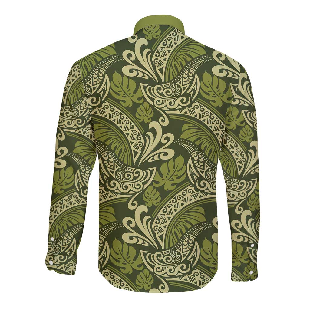 Olive Green Monstera Long Sleeve Button Shirt Polynesian Tribal Pattern LT01 - Polynesian Pride