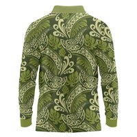 Olive Green Monstera Long Sleeve Polo Shirt Polynesian Tribal Pattern LT01 - Polynesian Pride
