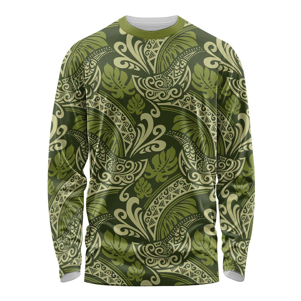 Olive Green Monstera Long Sleeve Shirt Polynesian Tribal Pattern LT01 Unisex Green - Polynesian Pride