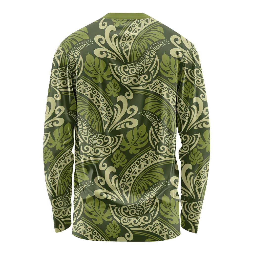 Olive Green Monstera Long Sleeve Shirt Polynesian Tribal Pattern LT01 - Polynesian Pride