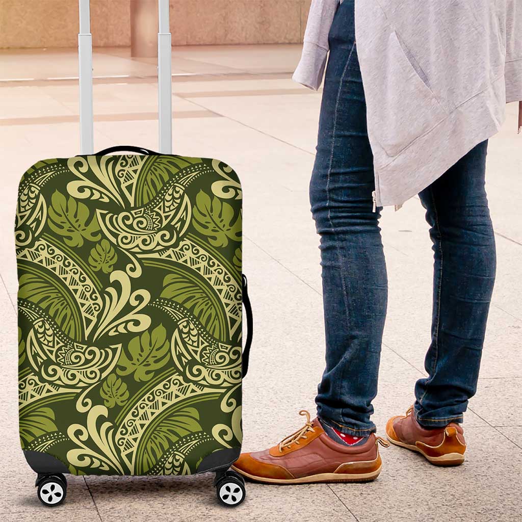 Olive Green Monstera Luggage Cover Polynesian Tribal Pattern - Polynesian Pride