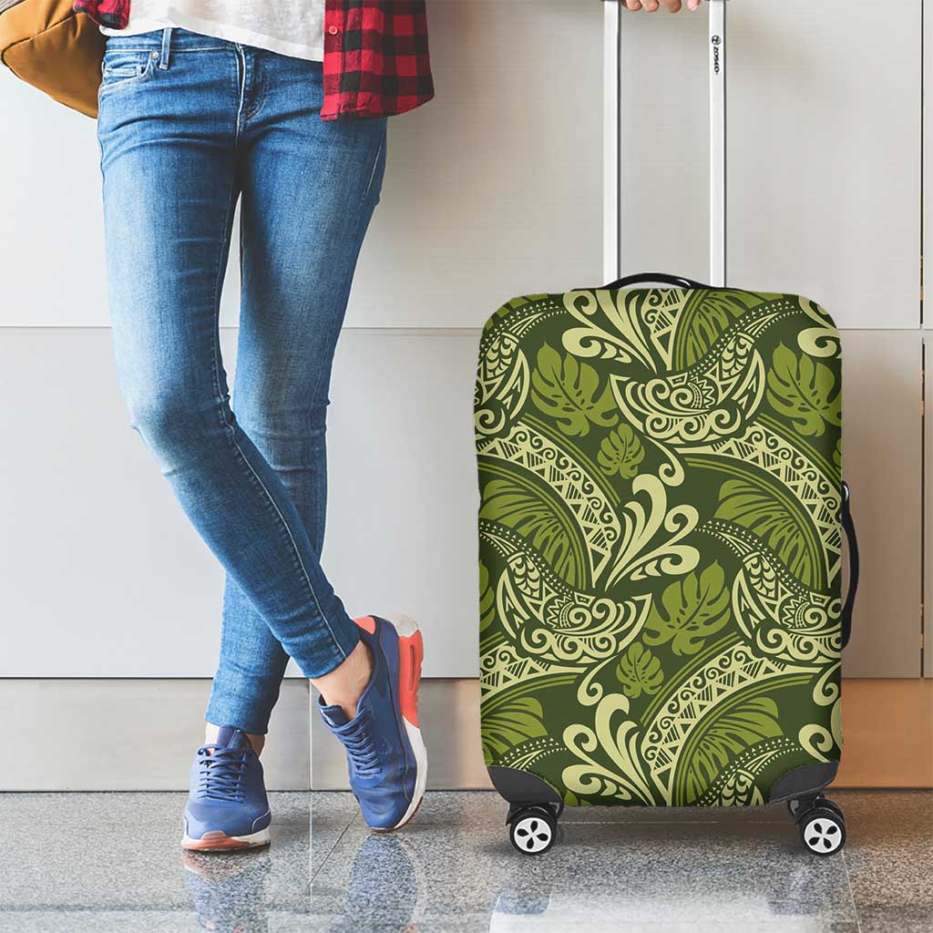 Olive Green Monstera Luggage Cover Polynesian Tribal Pattern - Polynesian Pride