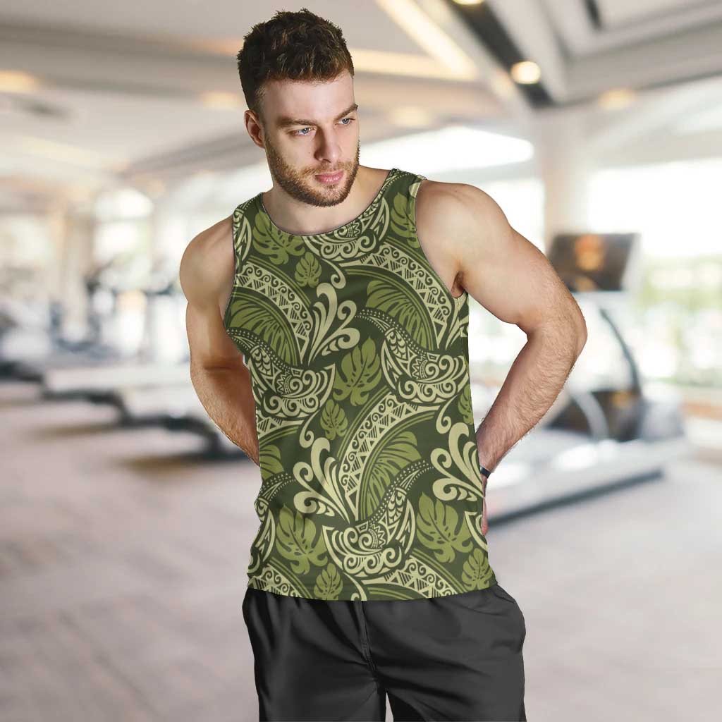 Olive Green Monstera Men Tank Top Polynesian Tribal Pattern LT01 Green - Polynesian Pride