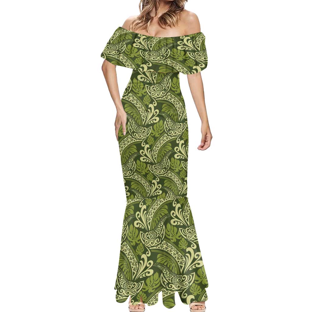 Olive Green Monstera Mermaid Dress Polynesian Tribal Pattern LT01 - Polynesian Pride