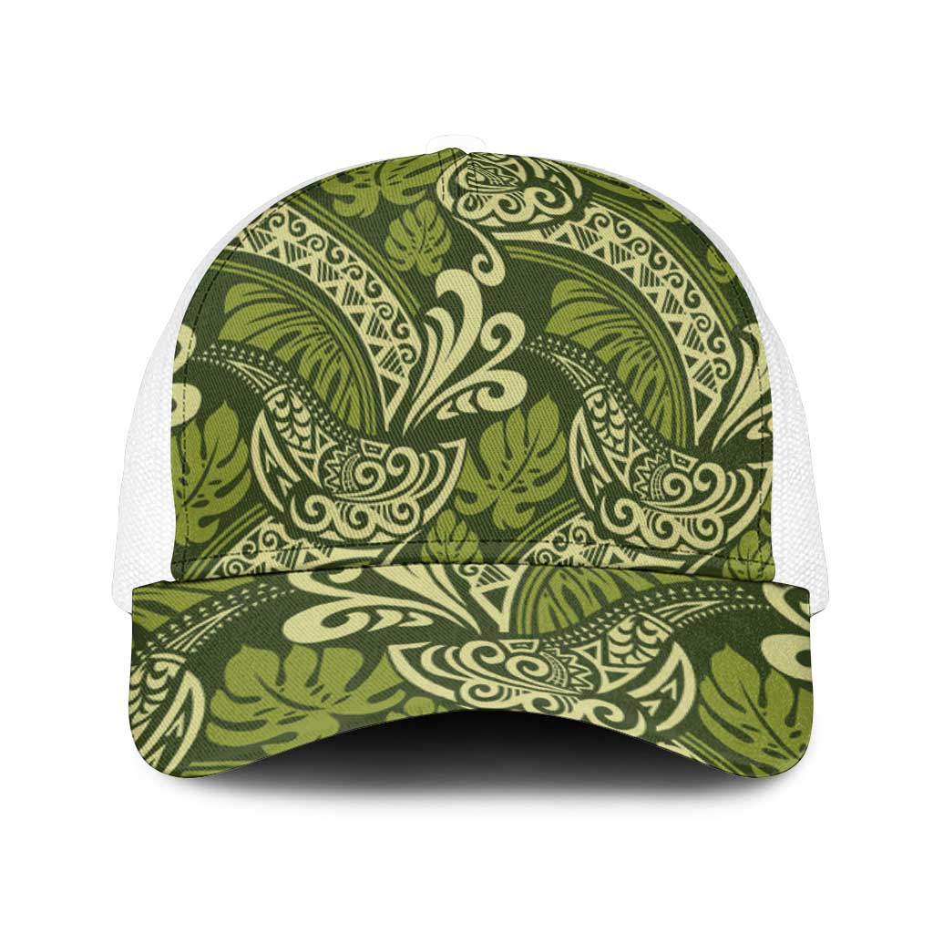 Olive Green Monstera Mesh Trucker Cap Polynesian Tribal Pattern - Polynesian Pride