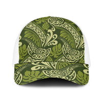 Olive Green Monstera Mesh Trucker Cap Polynesian Tribal Pattern - Polynesian Pride