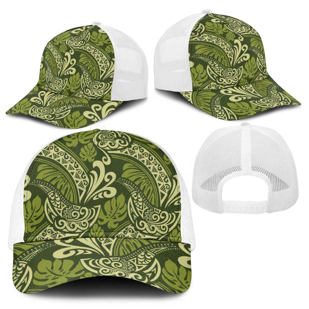 Olive Green Monstera Mesh Trucker Cap Polynesian Tribal Pattern - Polynesian Pride