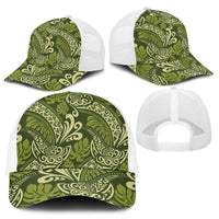 Olive Green Monstera Mesh Trucker Cap Polynesian Tribal Pattern - Polynesian Pride