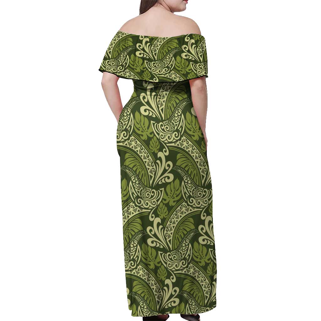Olive Green Monstera Off Shoulder Maxi Dress Polynesian Tribal Pattern LT01 - Polynesian Pride