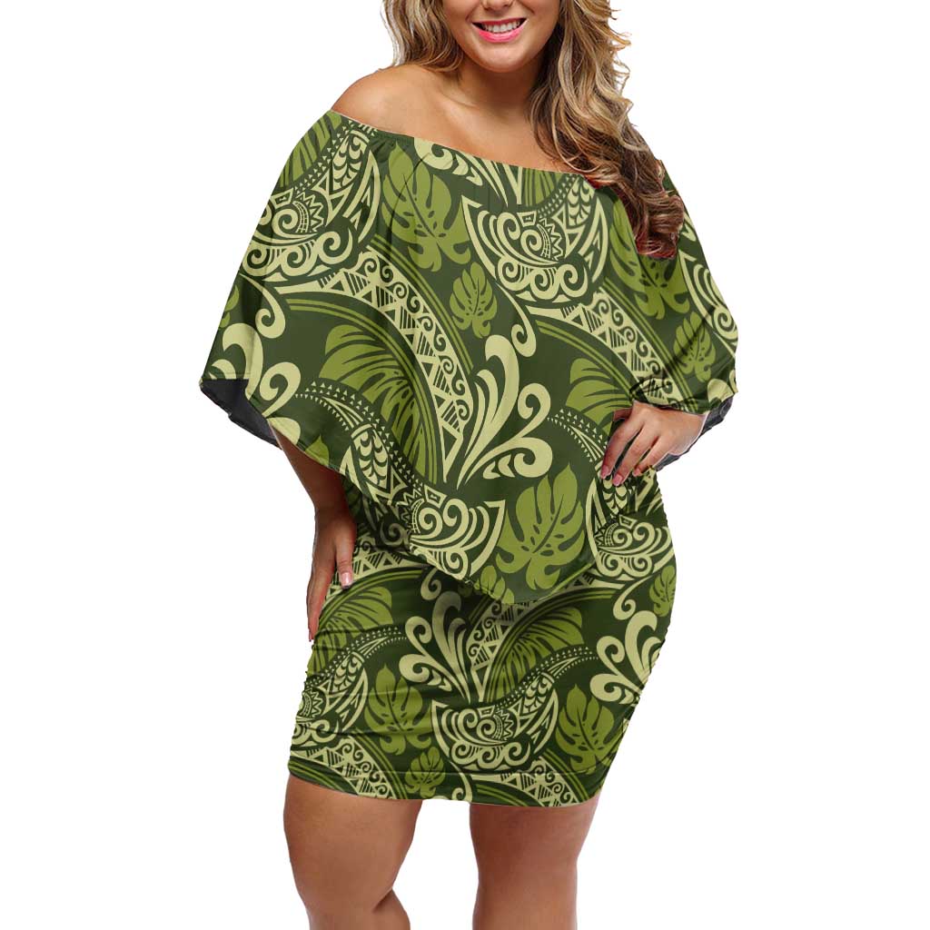 Olive Green Monstera Off Shoulder Short Dress Polynesian Tribal Pattern LT01 Women Green - Polynesian Pride