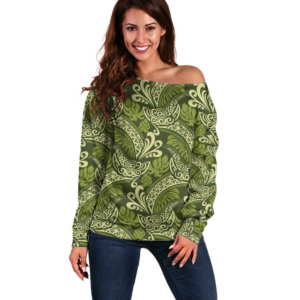 Olive Green Monstera Off Shoulder Sweater Polynesian Tribal Pattern - Polynesian Pride
