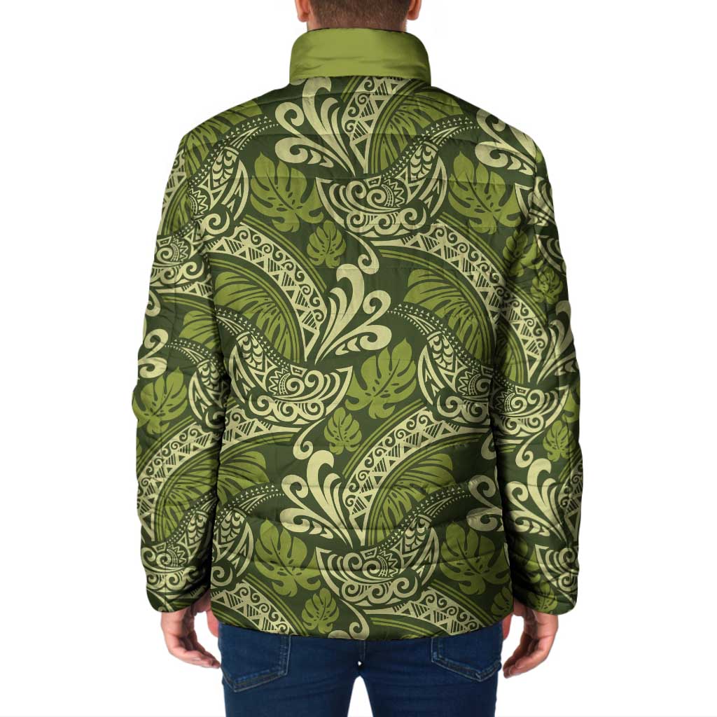 Olive Green Monstera Padded Jacket Polynesian Tribal Pattern LT01 - Polynesian Pride