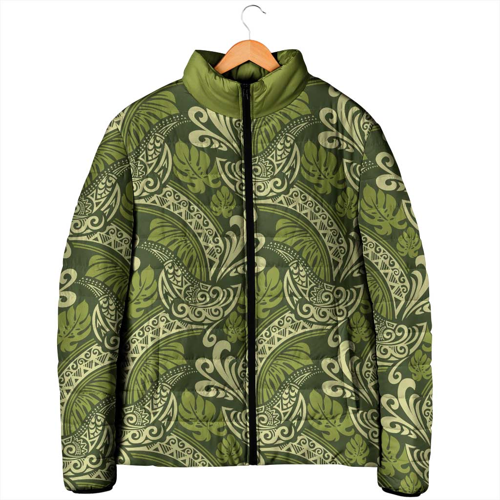 Olive Green Monstera Padded Jacket Polynesian Tribal Pattern LT01 - Polynesian Pride