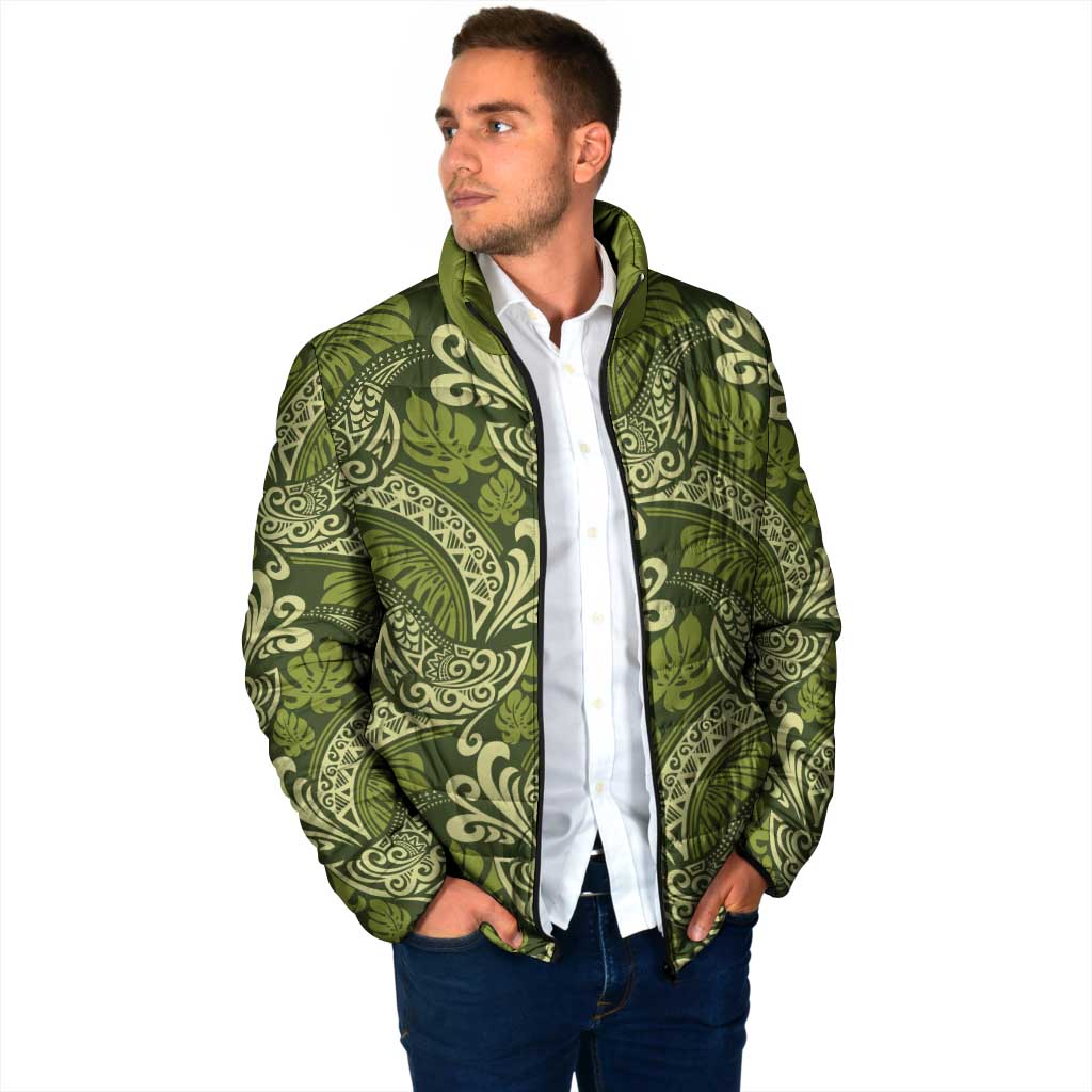 Olive Green Monstera Padded Jacket Polynesian Tribal Pattern LT01 - Polynesian Pride