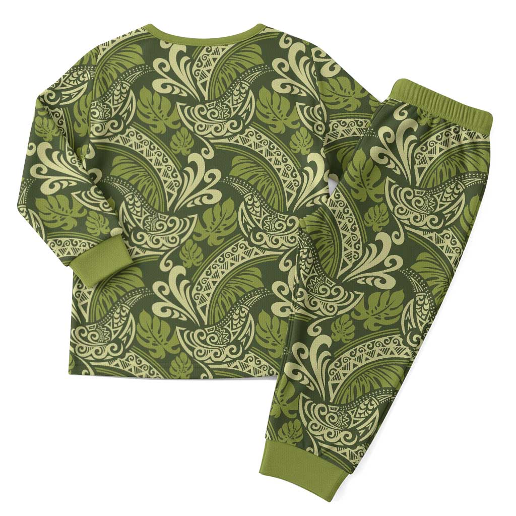 Olive Green Monstera Christmas Pajama Set Polynesian Tribal Pattern LT01 - Polynesian Pride
