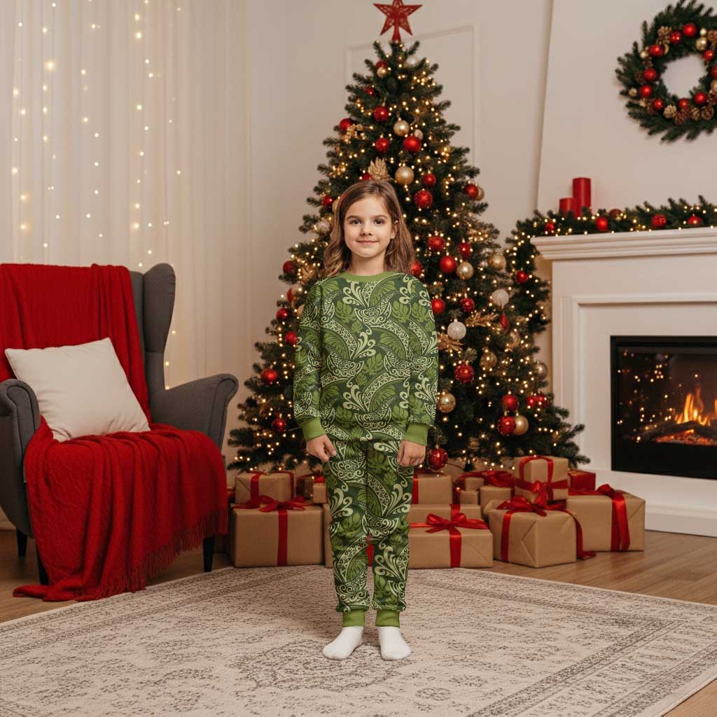 Olive Green Monstera Christmas Pajama Set Polynesian Tribal Pattern LT01 Kid Green - Polynesian Pride
