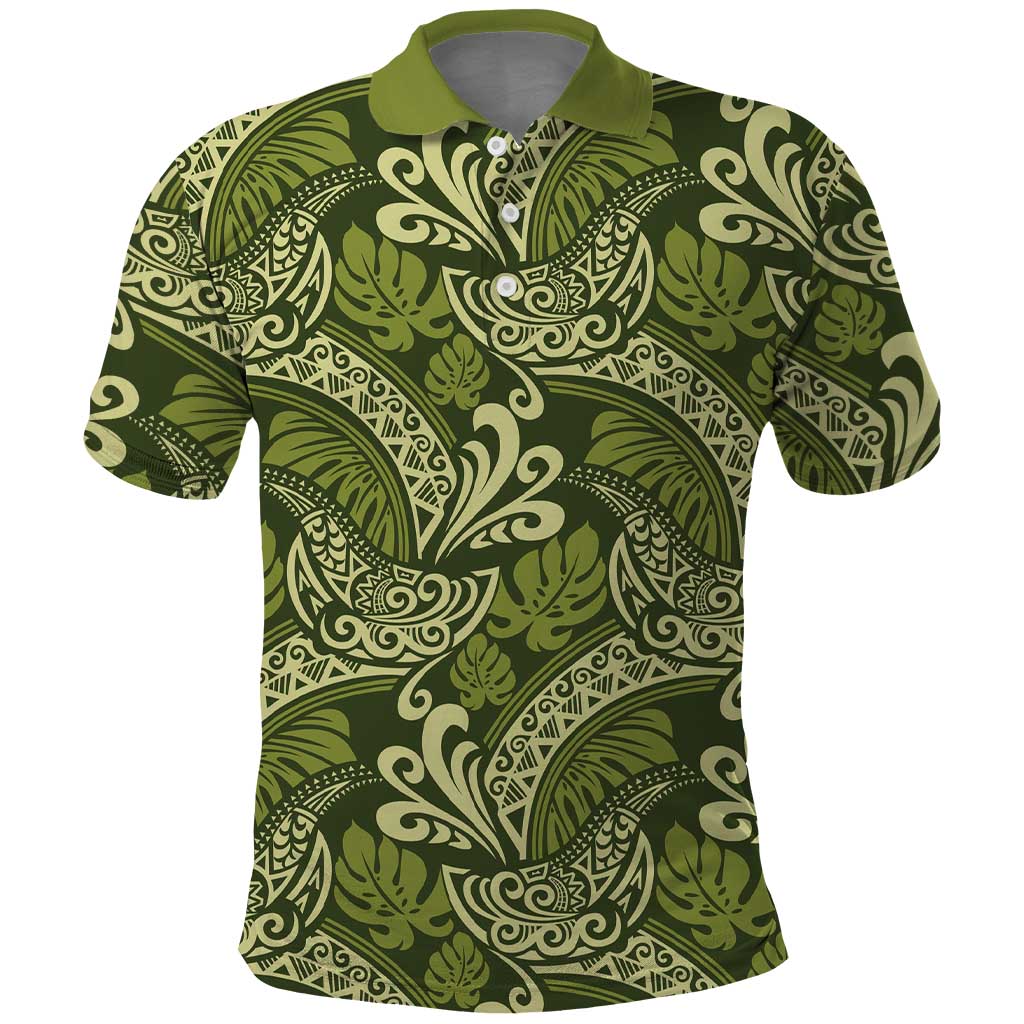 Olive Green Monstera Polo Shirt Polynesian Tribal Pattern LT01 Green - Polynesian Pride