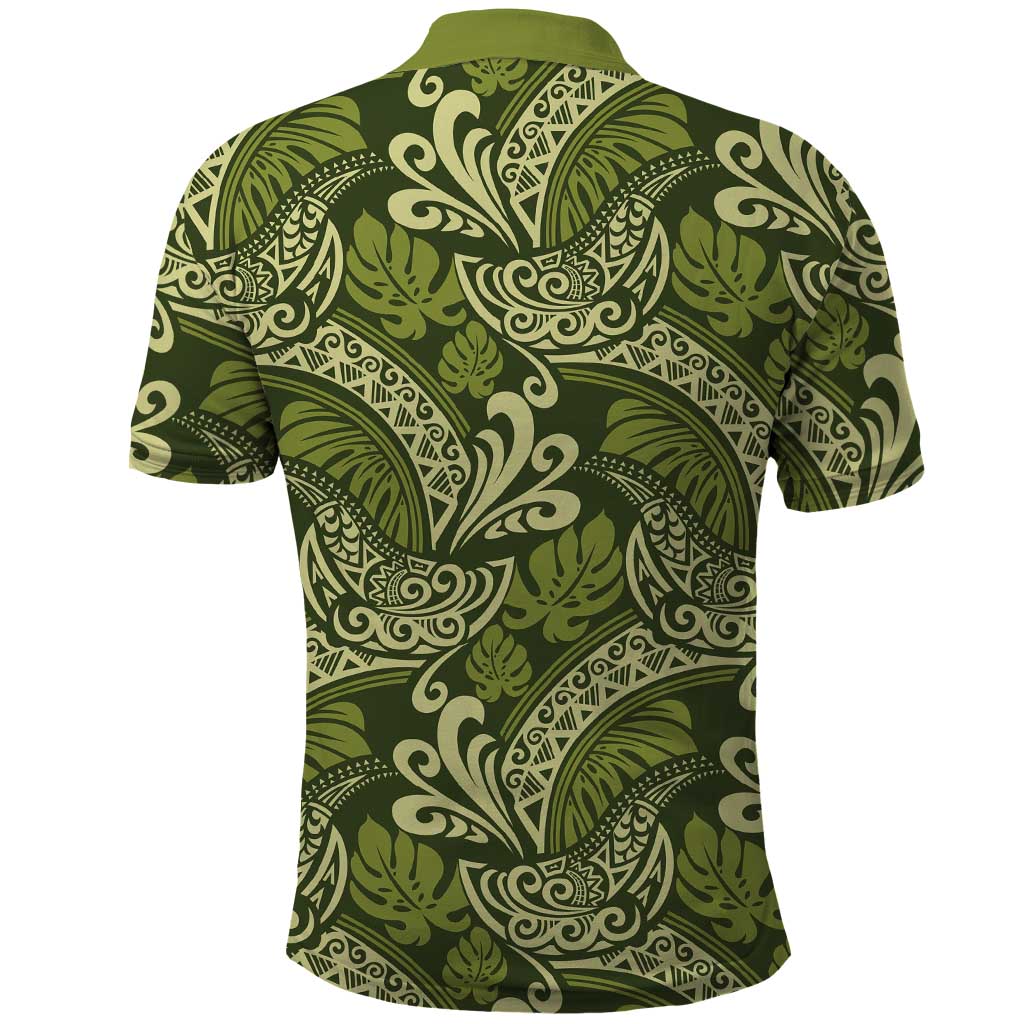 Olive Green Monstera Polo Shirt Polynesian Tribal Pattern LT01 - Polynesian Pride