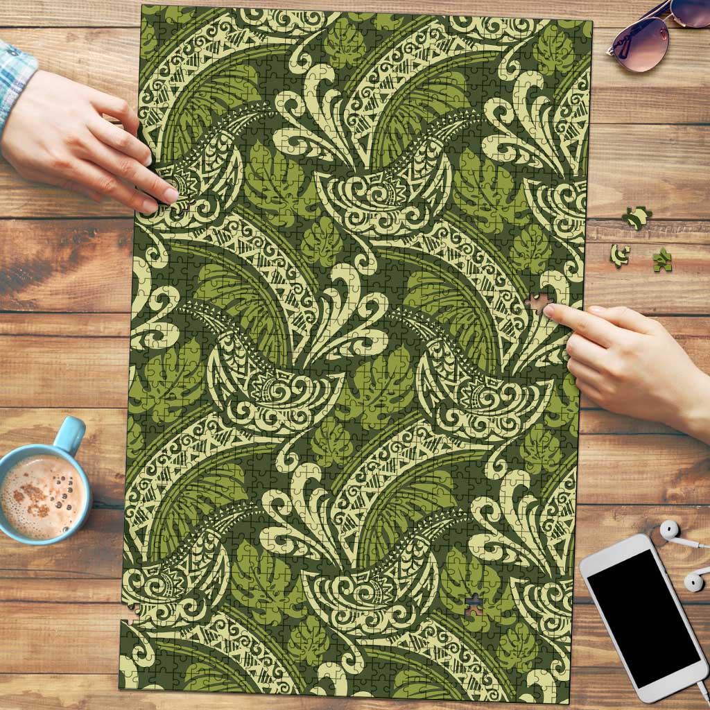 Olive Green Monstera Puzzle Polynesian Tribal Pattern LT01 Green - Polynesian Pride