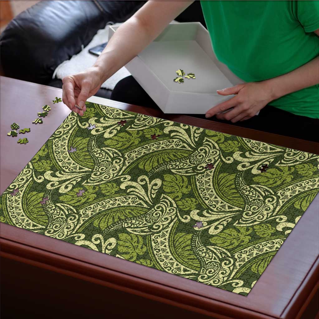 Olive Green Monstera Puzzle Polynesian Tribal Pattern LT01 - Polynesian Pride