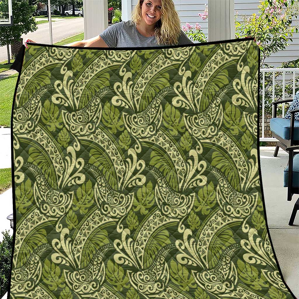 Olive Green Monstera Quilt Polynesian Tribal Pattern - Polynesian Pride