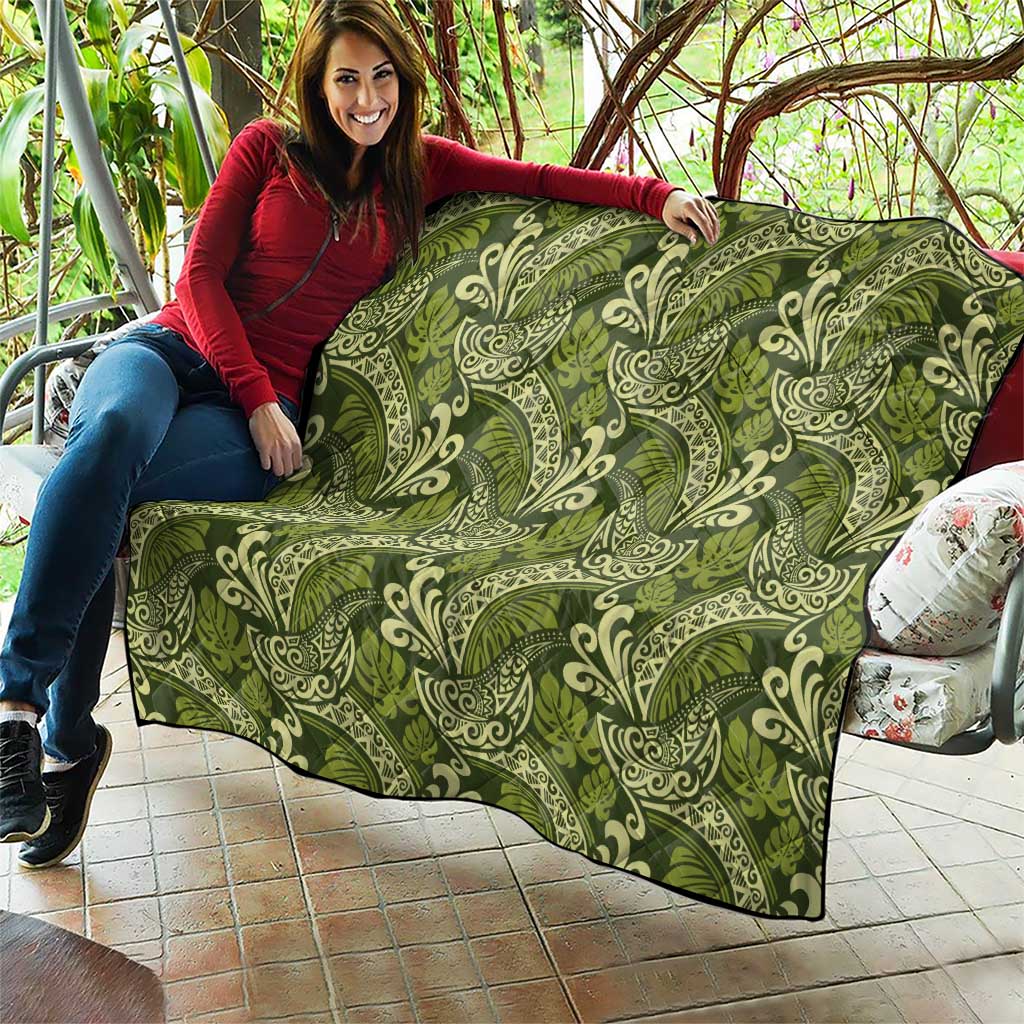 Olive Green Monstera Quilt Polynesian Tribal Pattern - Polynesian Pride