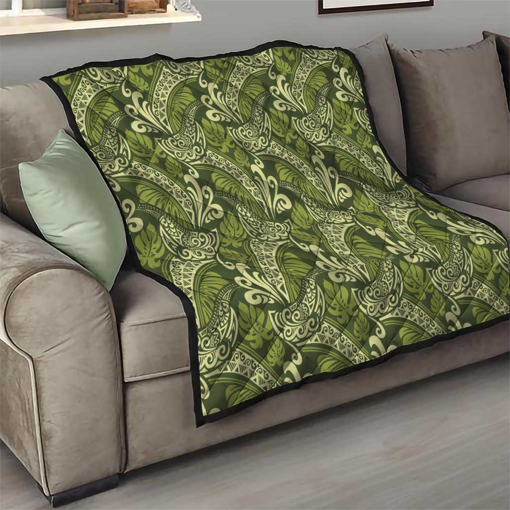 Olive Green Monstera Quilt Polynesian Tribal Pattern - Polynesian Pride