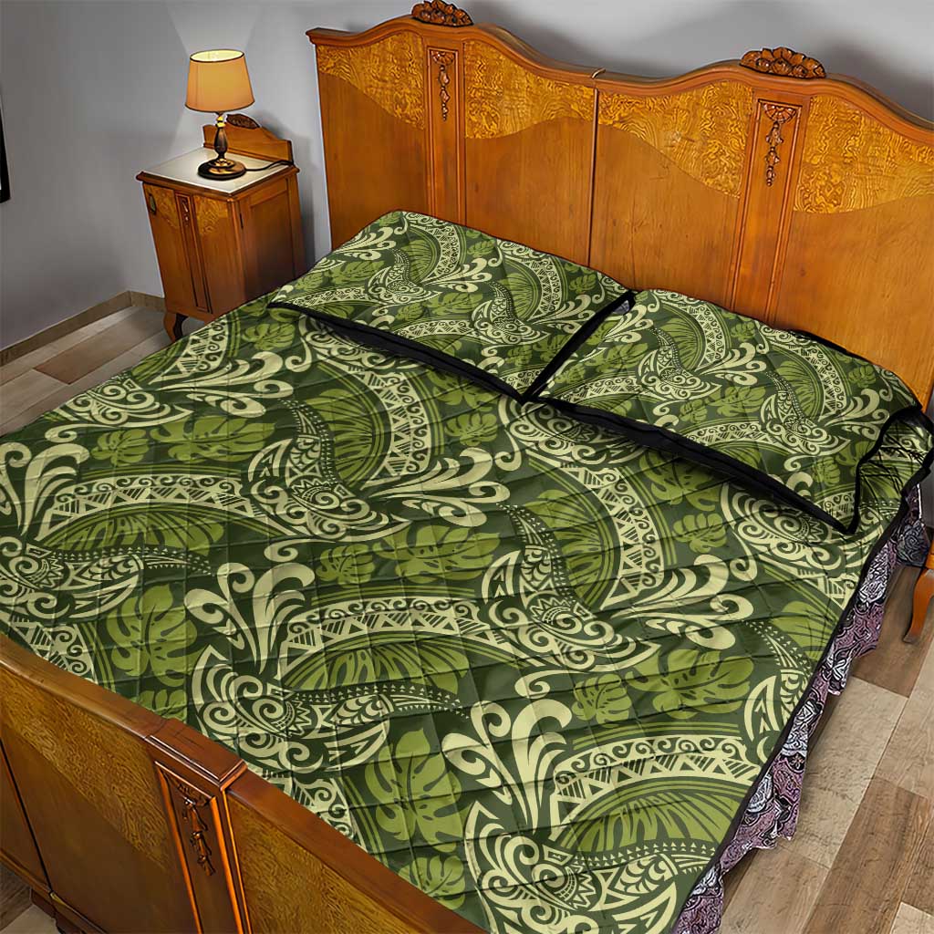 Olive Green Monstera Quilt Bed Set Polynesian Tribal Pattern - Polynesian Pride