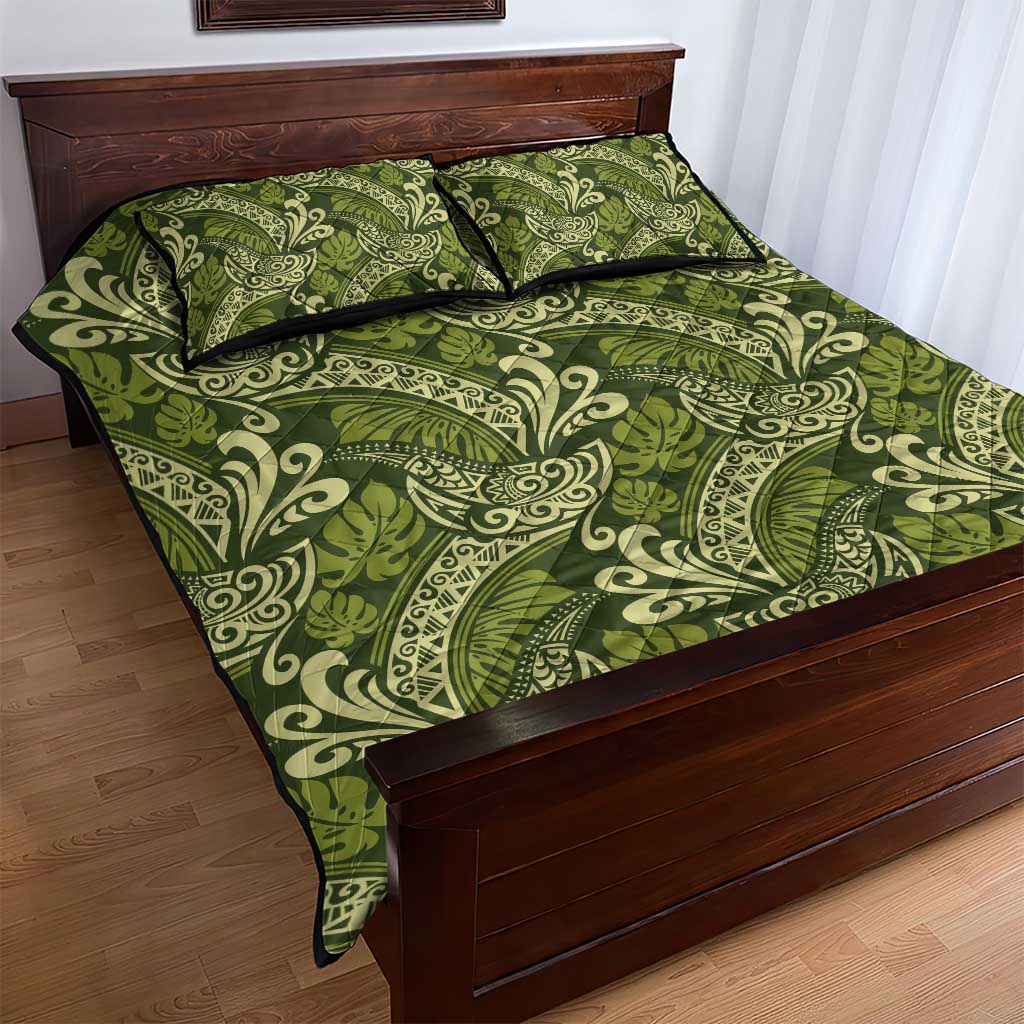 Olive Green Monstera Quilt Bed Set Polynesian Tribal Pattern - Polynesian Pride