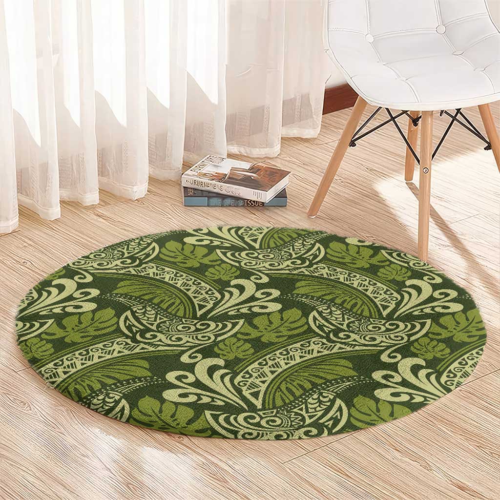 Olive Green Monstera Round Carpet Polynesian Tribal Pattern - Polynesian Pride