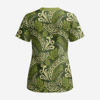 Olive Green Monstera Scrub Top Polynesian Tribal Pattern LT01 - Polynesian Pride