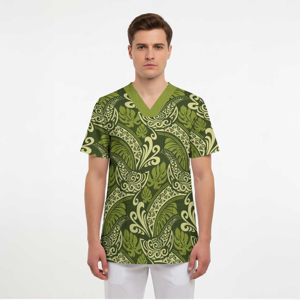 Olive Green Monstera Scrub Top Polynesian Tribal Pattern LT01 - Polynesian Pride