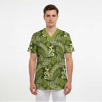 Olive Green Monstera Scrub Top Polynesian Tribal Pattern LT01 - Polynesian Pride