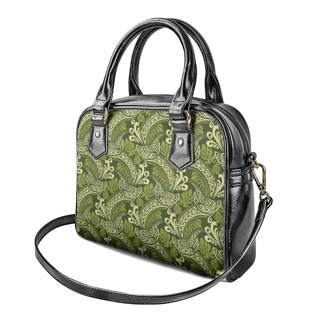 Olive Green Monstera Shoulder Handbag Polynesian Tribal Pattern - Polynesian Pride